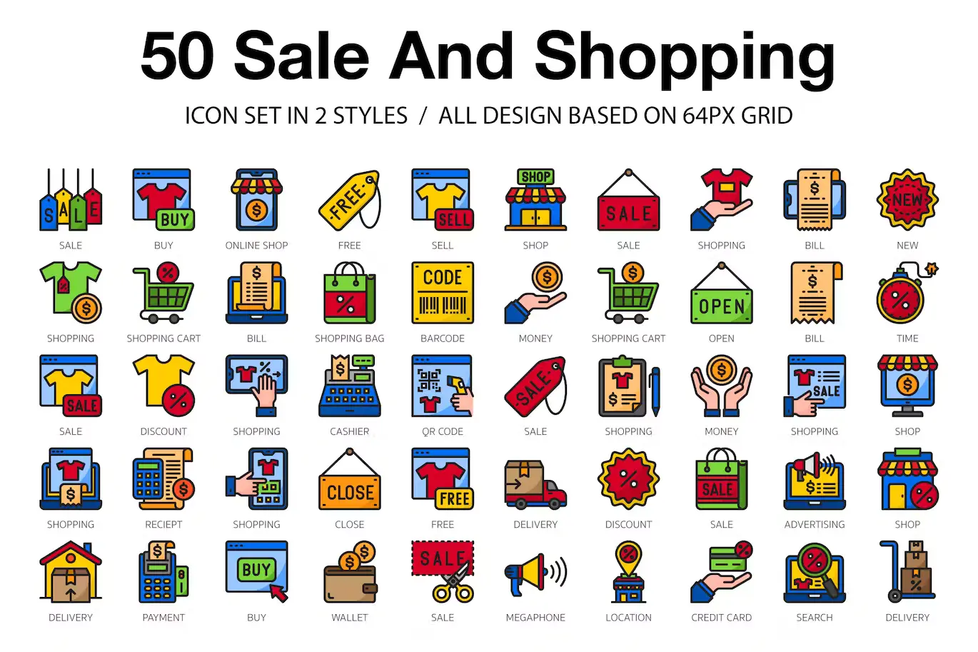 50 Sale And Shopping - Outline and Colorline style