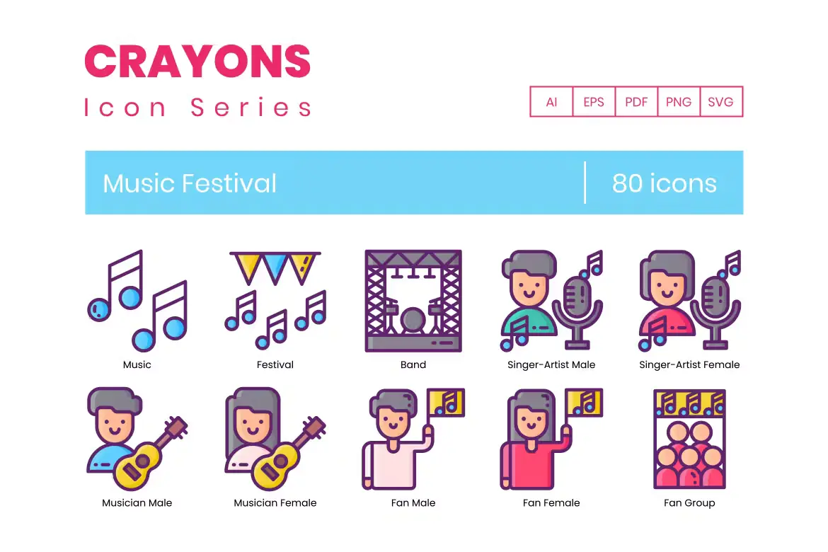 80 Music Festival Icons - Crayons Series