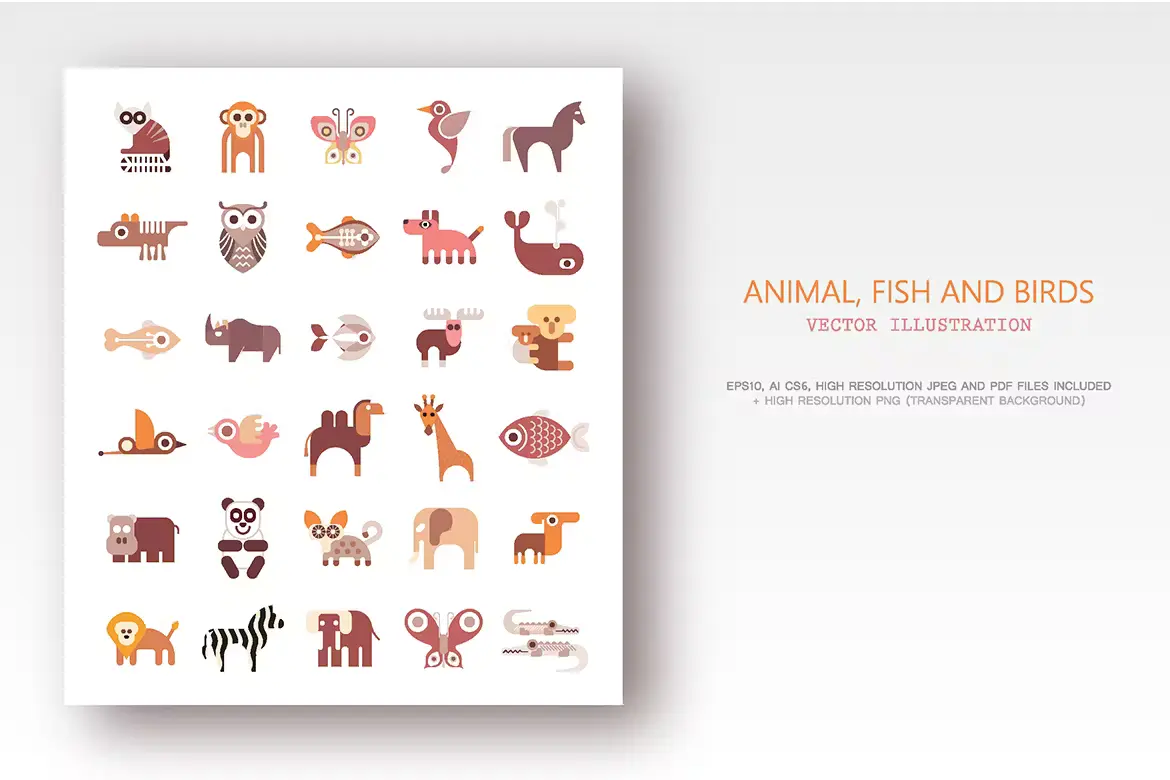 Animals Fish and Birds set of Flat Vector Icons