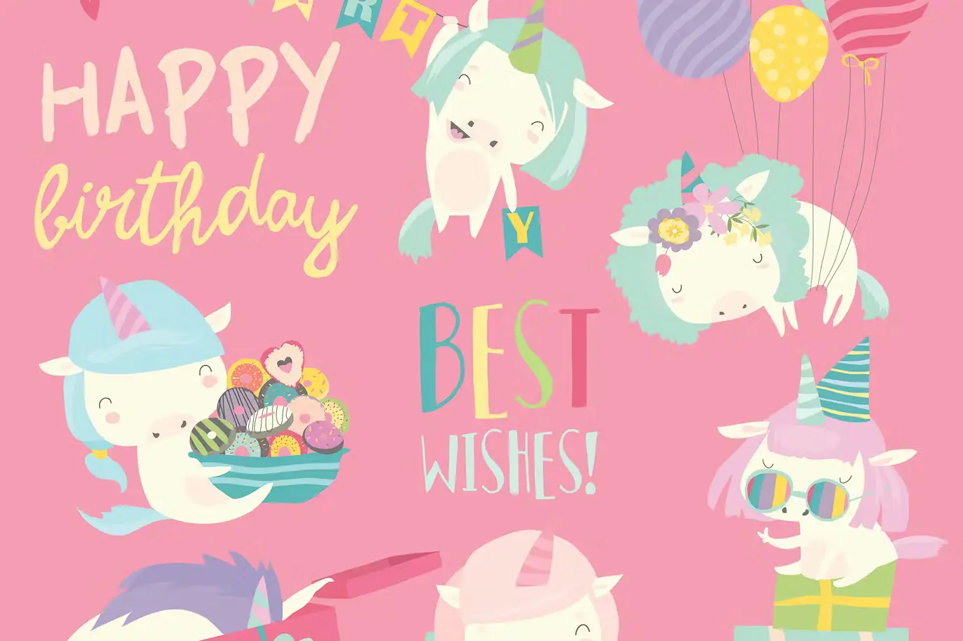 Download Premium Vector set illustration of cute white unicorns with birthday theme