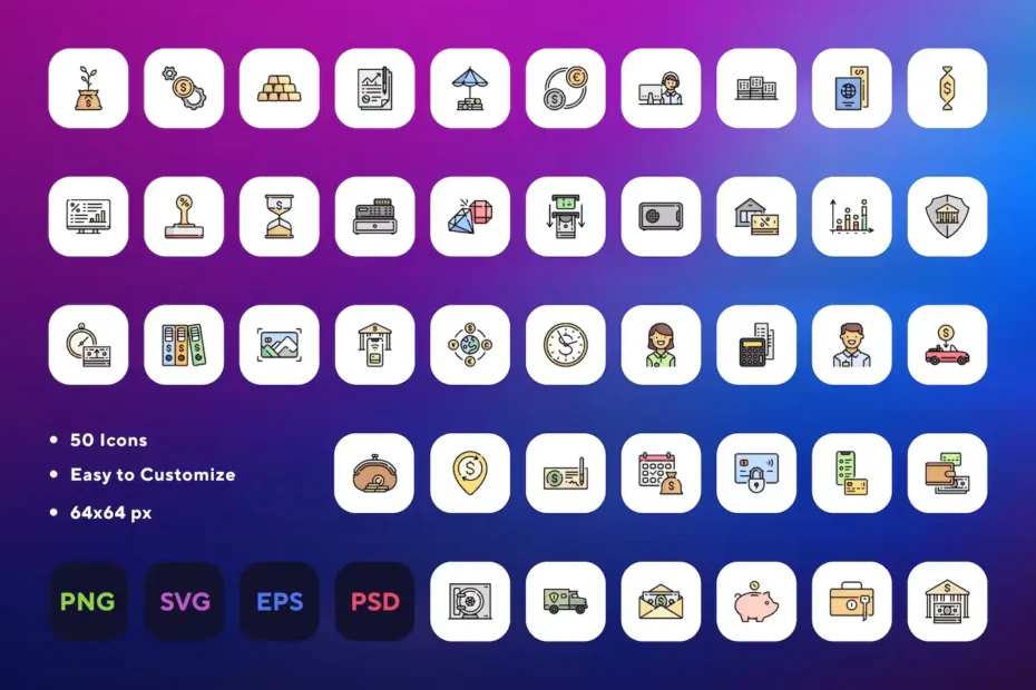 Easy to Customize 50 Banking Icons