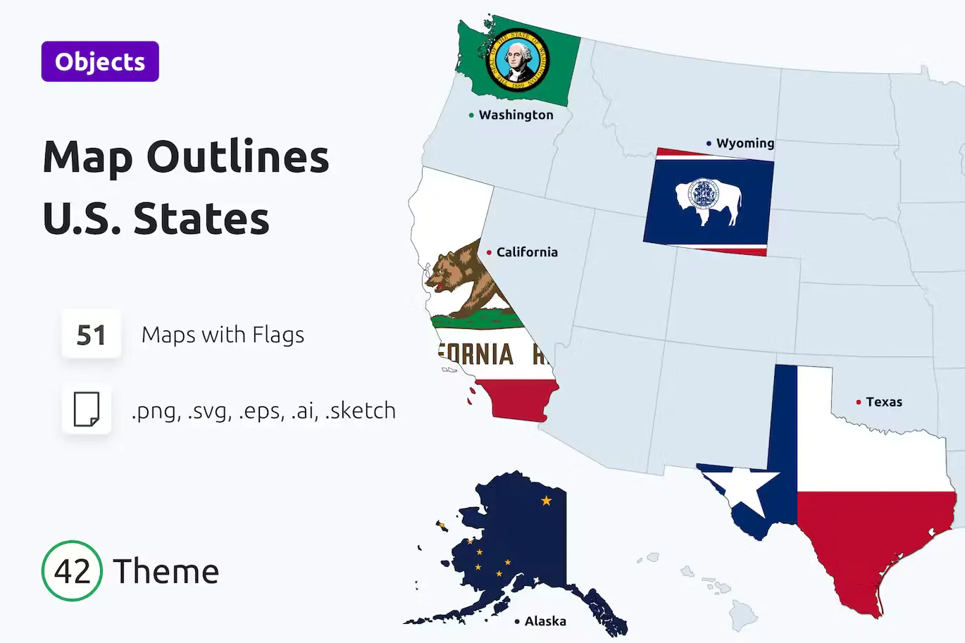 US States Map Outlines with Flags