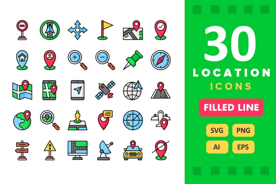 30 Location Icons - Filled Line